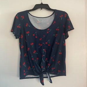 So Navy Cherry Design Crop Top Short Sleeve